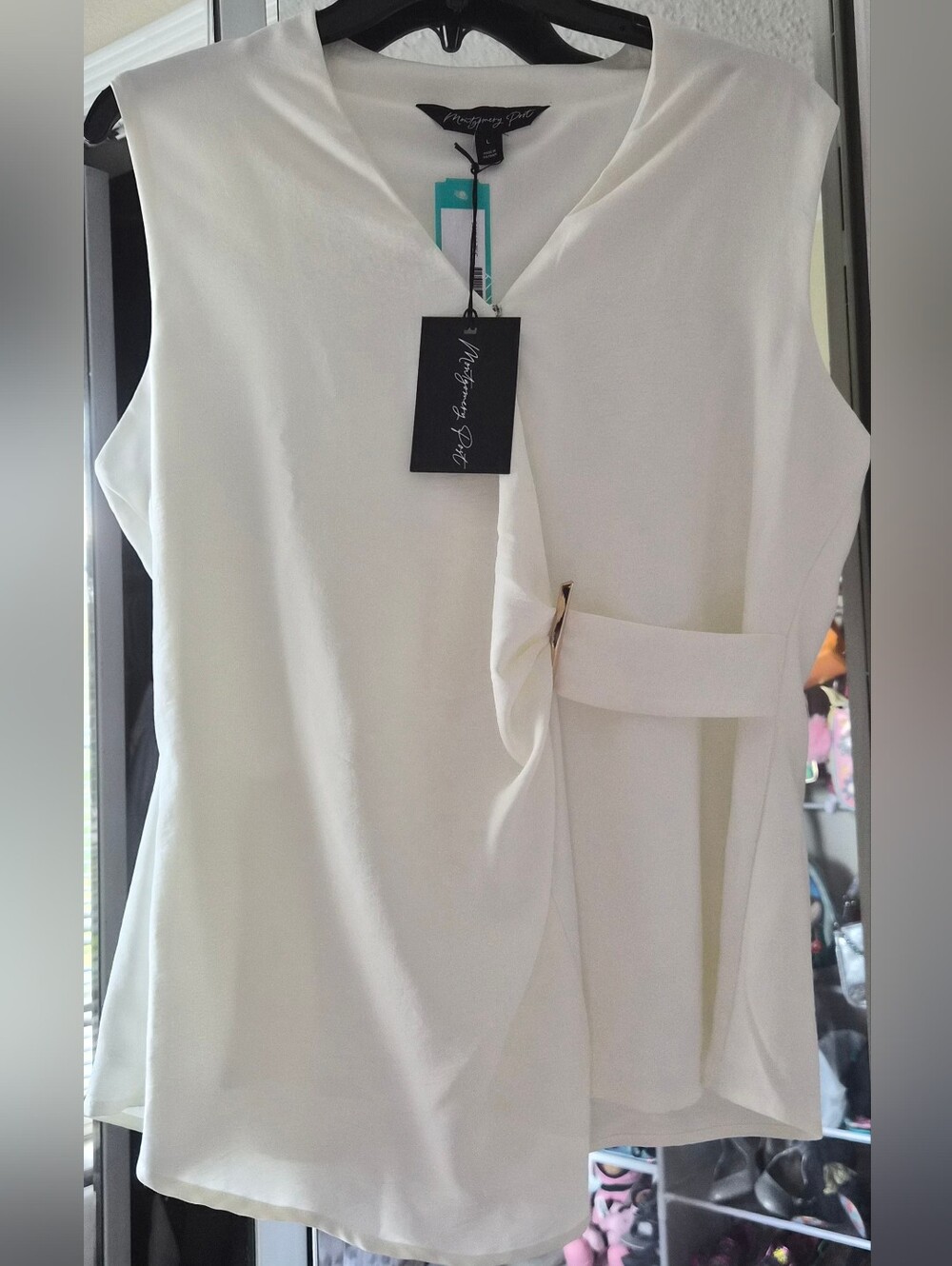 Women's White Faux-Wrap Sleeveless Camisole with Side Tab